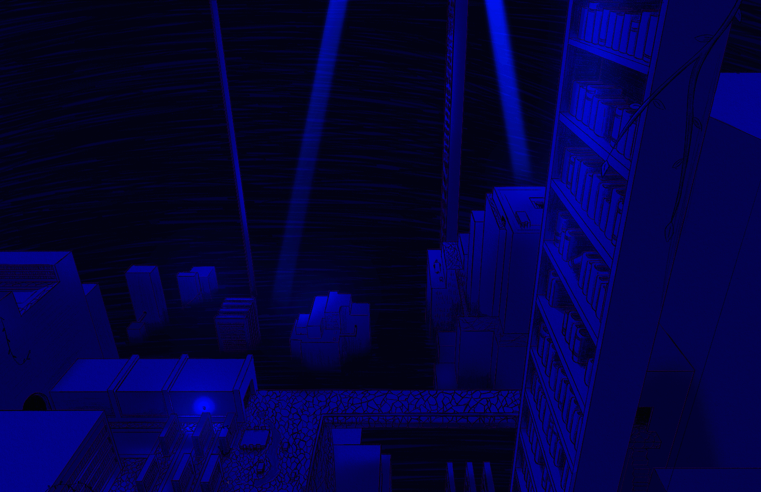 A telescope view of the area, ingame is much larger than the screen and the player uses controls to look around the piece.